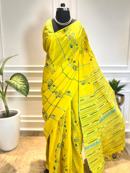 Peeli Bel | Kantha Stitch Saree