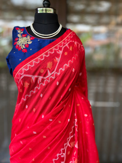 Handloom Cotton Saree | Vermillion