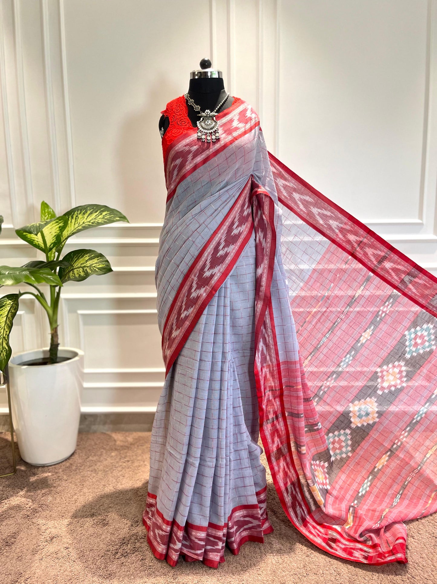 Cotton Saree | Arya | Grey-Red