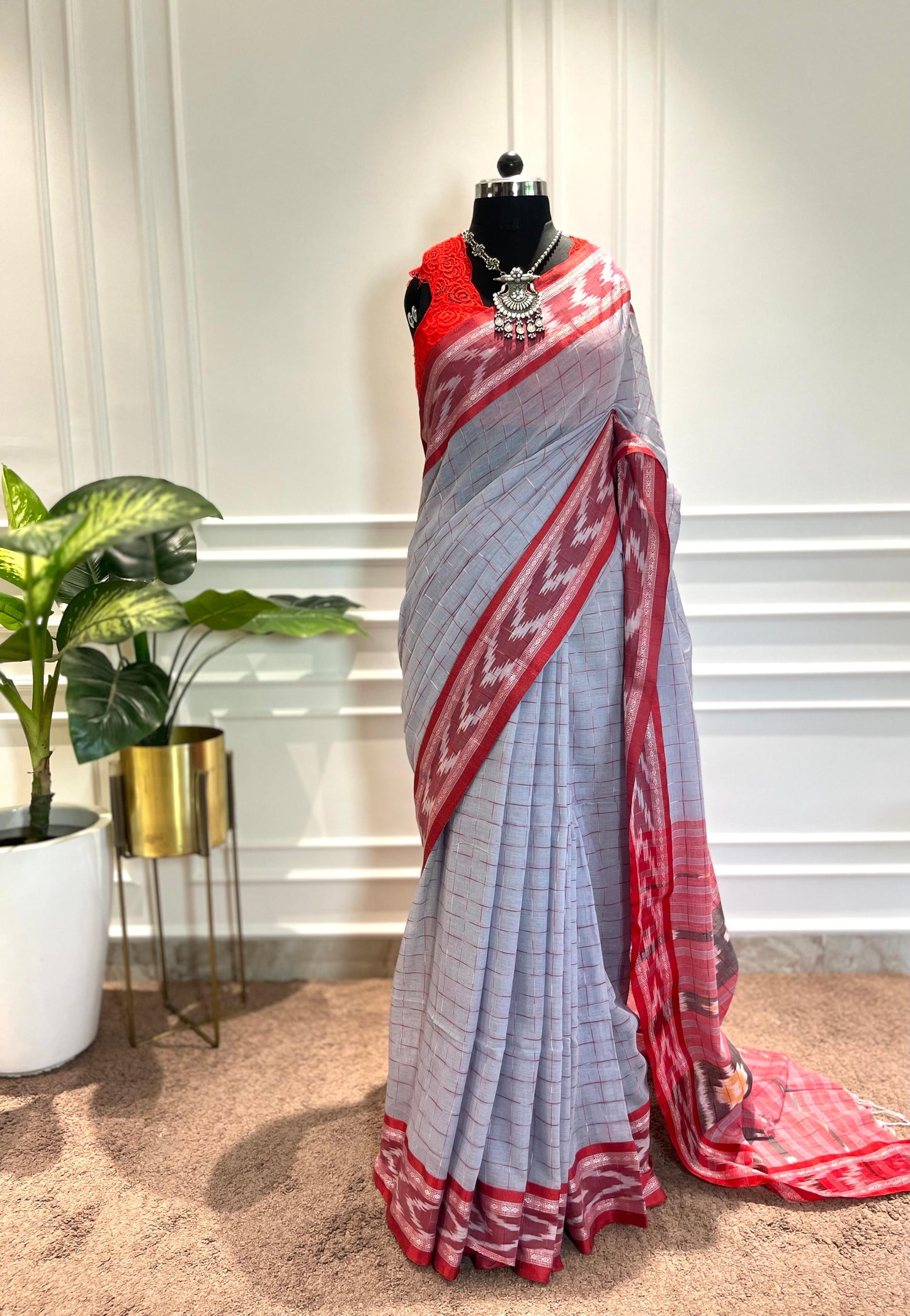 Cotton Saree | Arya | Grey-Red