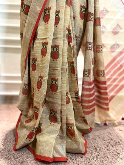 Khadi Saree | Ulluk | Beige-Red