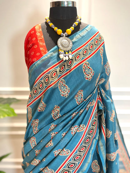 Chanderi Silk Saree | Gulnaar | Blue Paisley