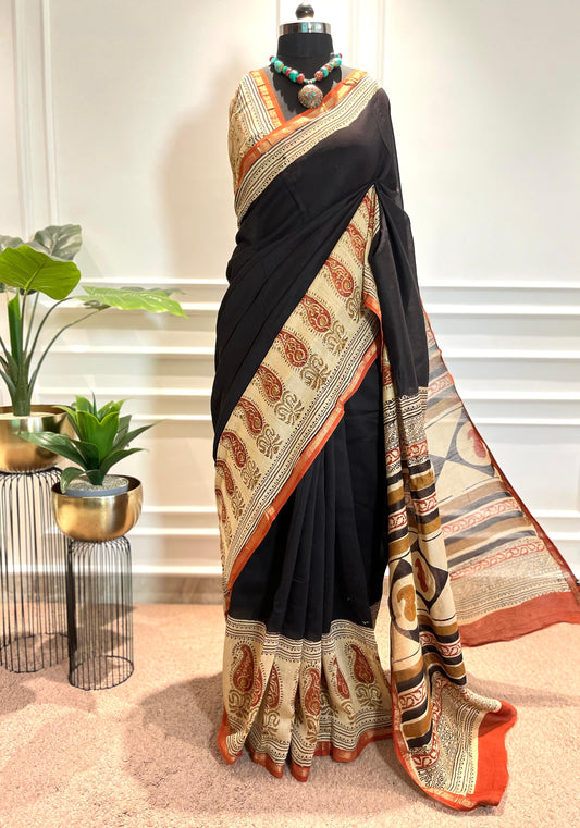 Chanderi Silk Saree | Gulnaar | Black paisley