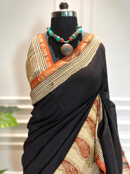 Chanderi Silk Saree | Gulnaar | Black paisley