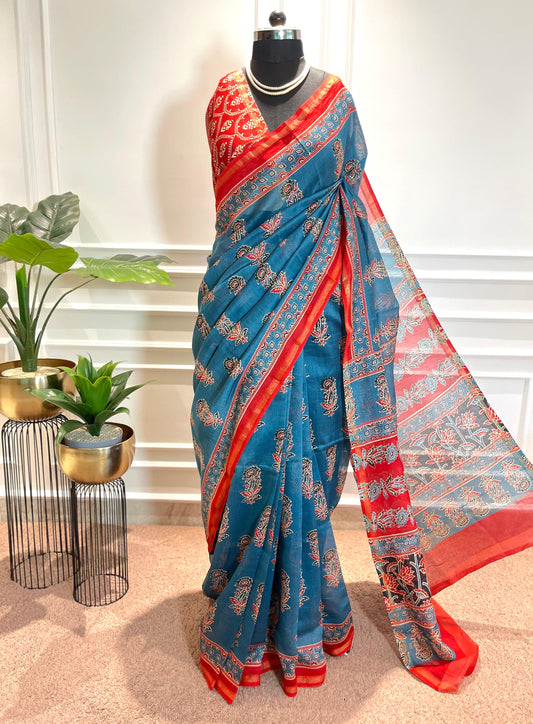 Chanderi Silk Saree| Gulnaar | Blue flowers