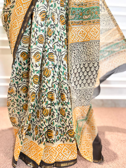 Chanderi Silk Saree | Gulnaar | Yellow jaal