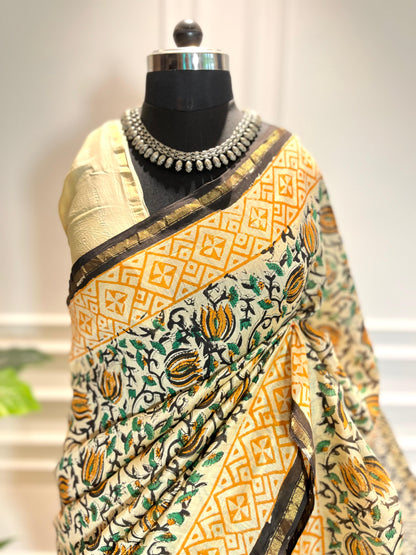 Chanderi Silk Saree | Gulnaar | Yellow jaal