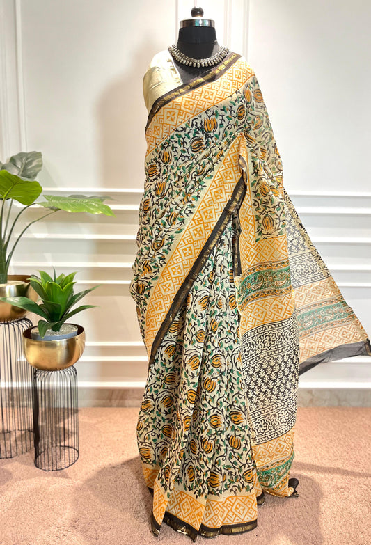 Chanderi Silk Saree | Gulnaar | Yellow jaal