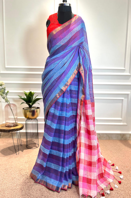 Linen Saree | Pixie Stripes | Blue