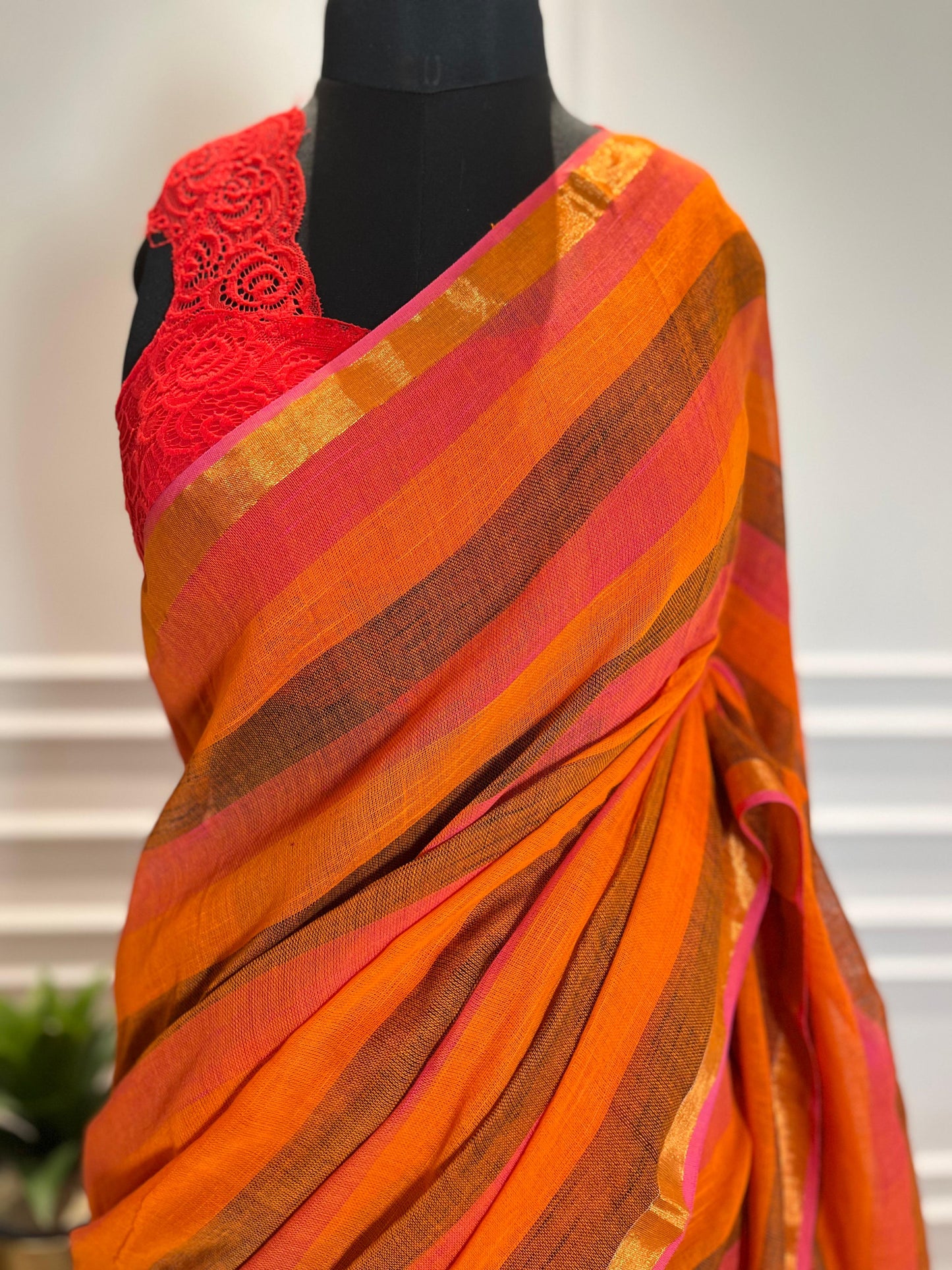 Linen Saree | Pixie Stripes | Orange