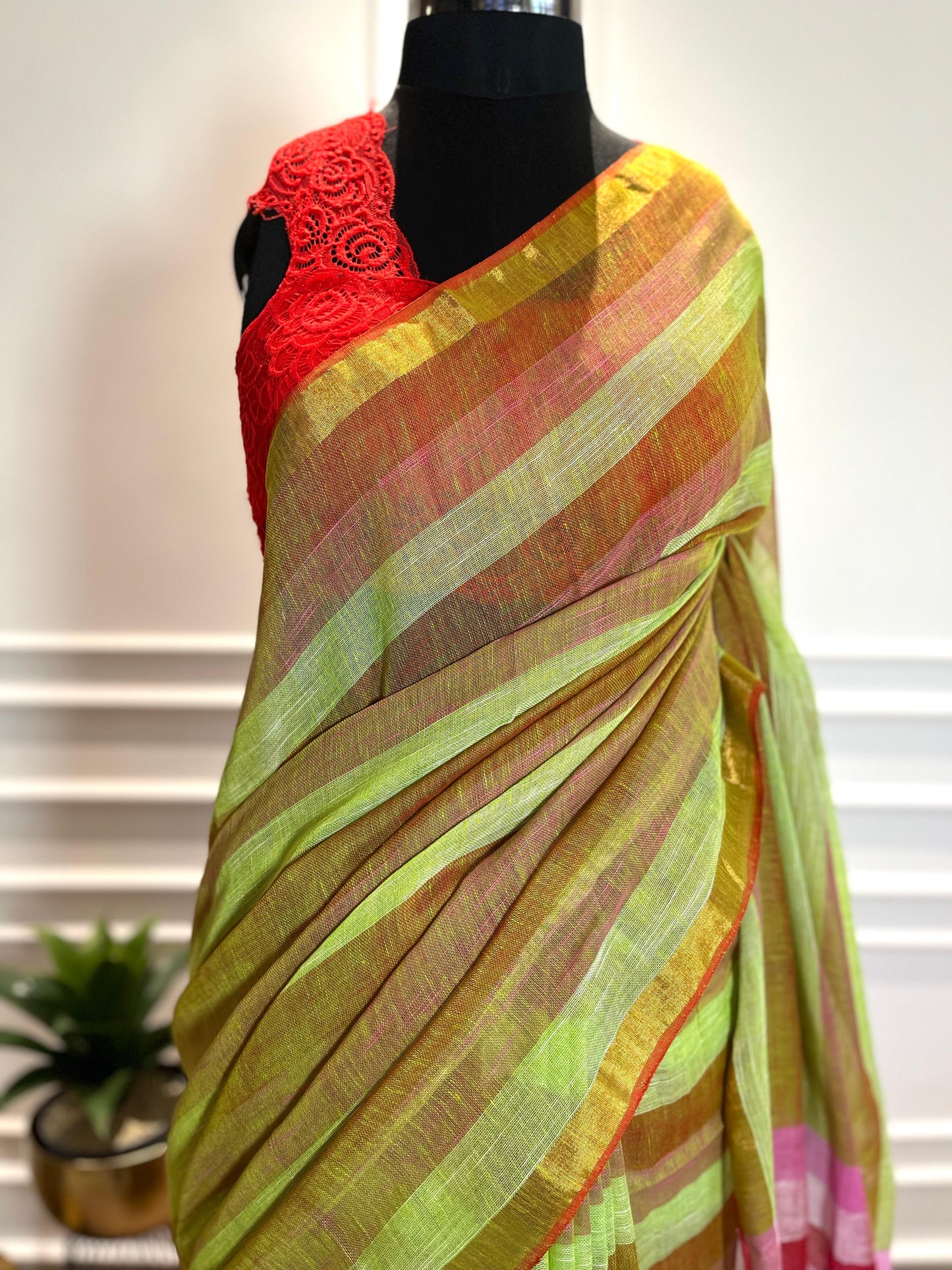 Linen Saree | Pixie Stripes | Green