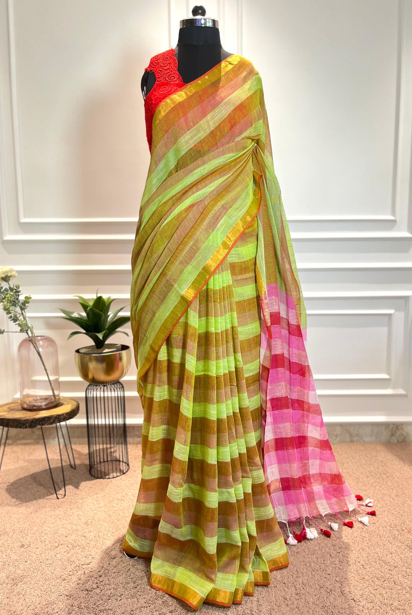 Linen Saree | Pixie Stripes | Green