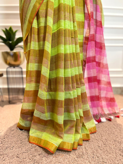 Linen Saree | Pixie Stripes | Green