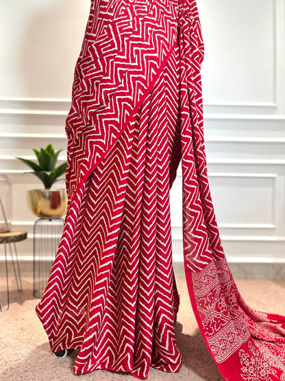 Modal Silk Saree | Leheriya | Red