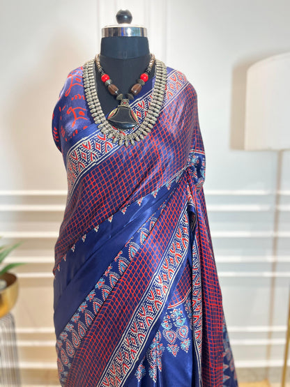 Checkered Blue | Modal Silk Saree