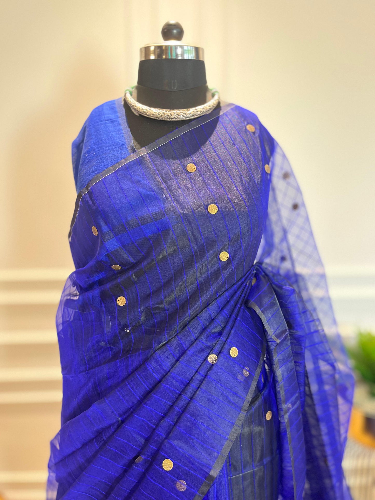 Blue Coins & Stripes | Muslin Silk Saree