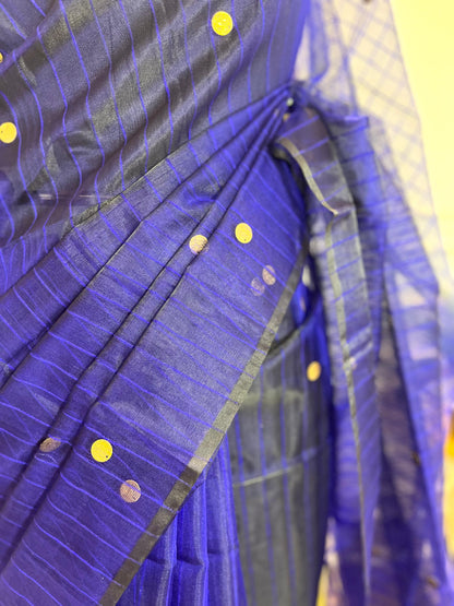 Blue Coins & Stripes | Muslin Silk Saree