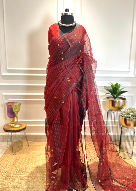 Maroon Coins & Stripes | Muslin Silk Saree