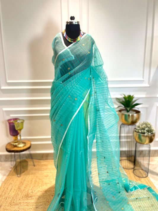 Green Coins & Stripes | Muslin Silk Saree