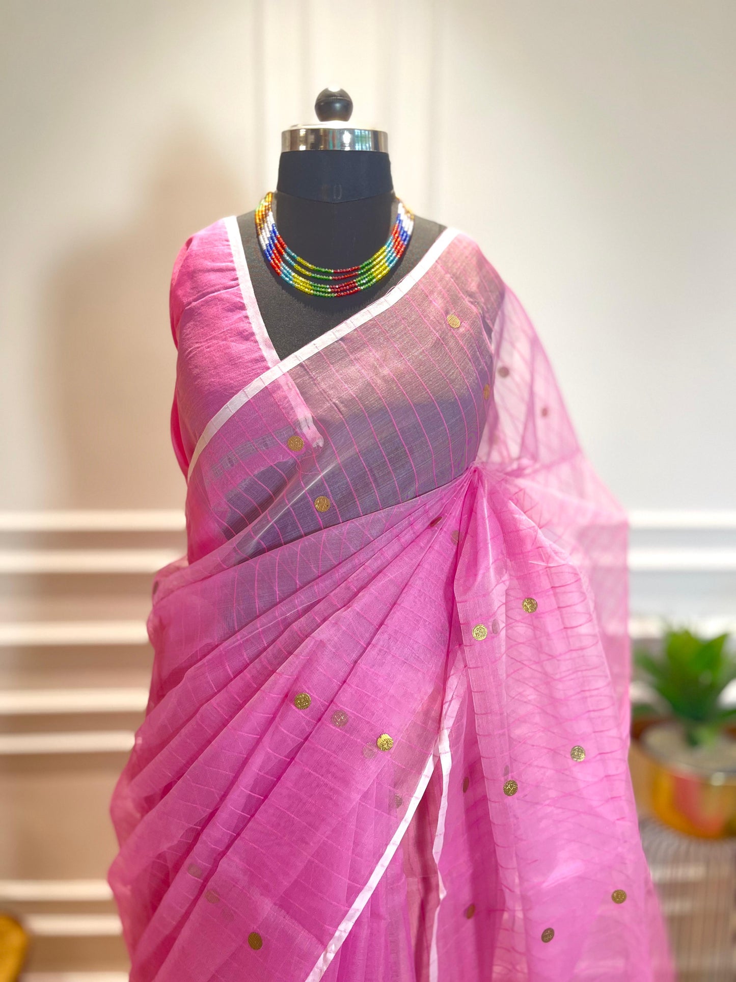 Pink Coins & Stripes | Muslin Silk Saree