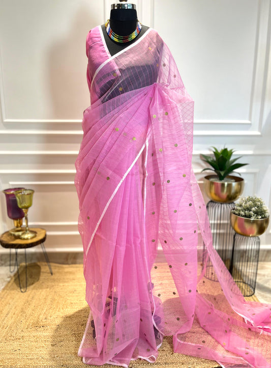 Pink Coins & Stripes | Muslin Silk Saree