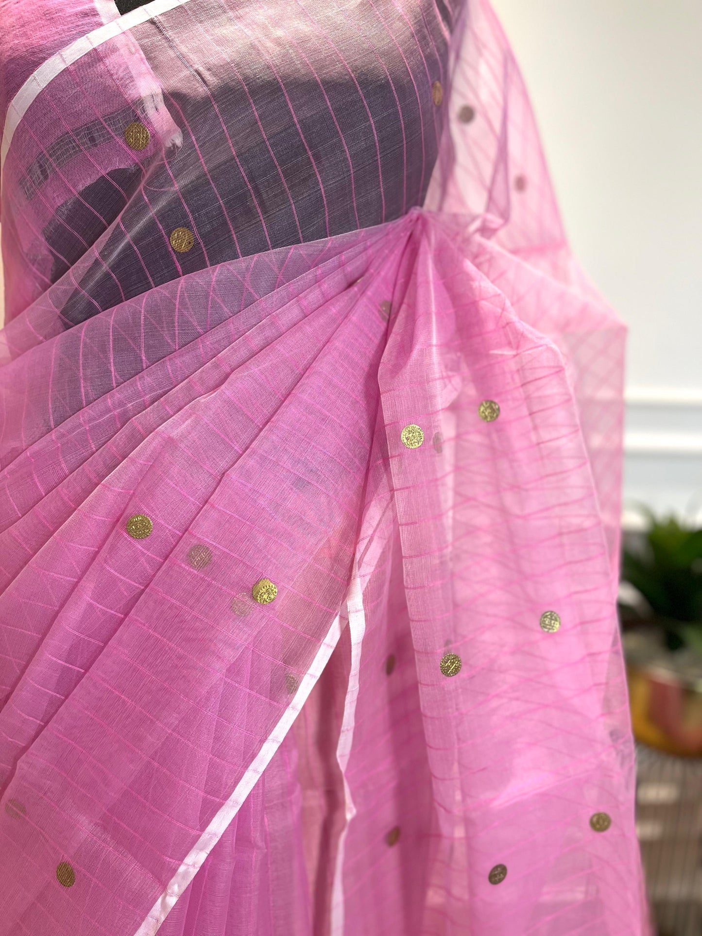 Pink Coins & Stripes | Muslin Silk Saree