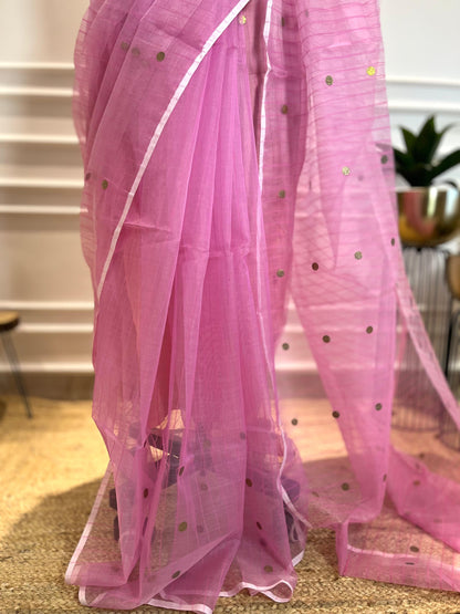 Pink Coins & Stripes | Muslin Silk Saree