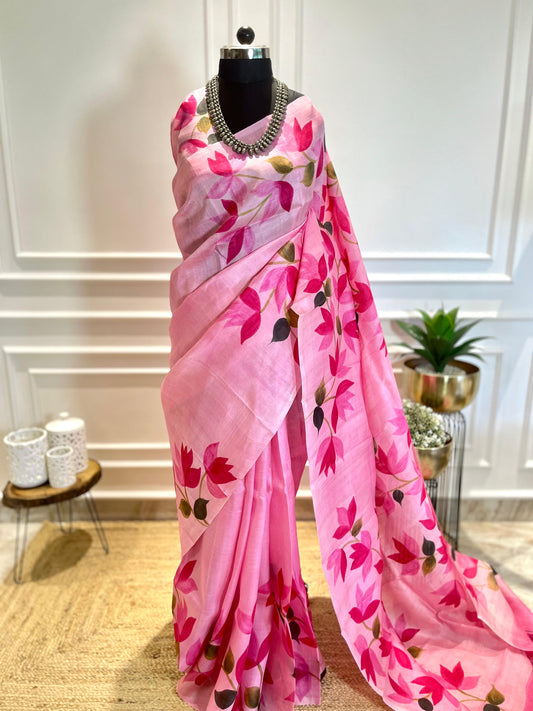 Pink Petals | Handpainted Silk Saree