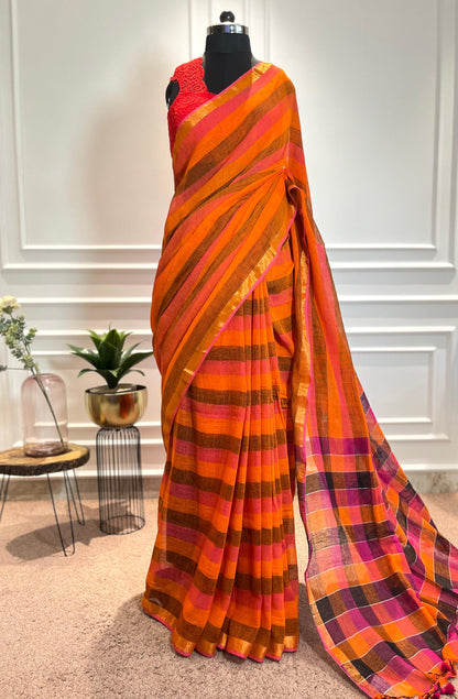 Linen Saree | Pixie Stripes | Orange