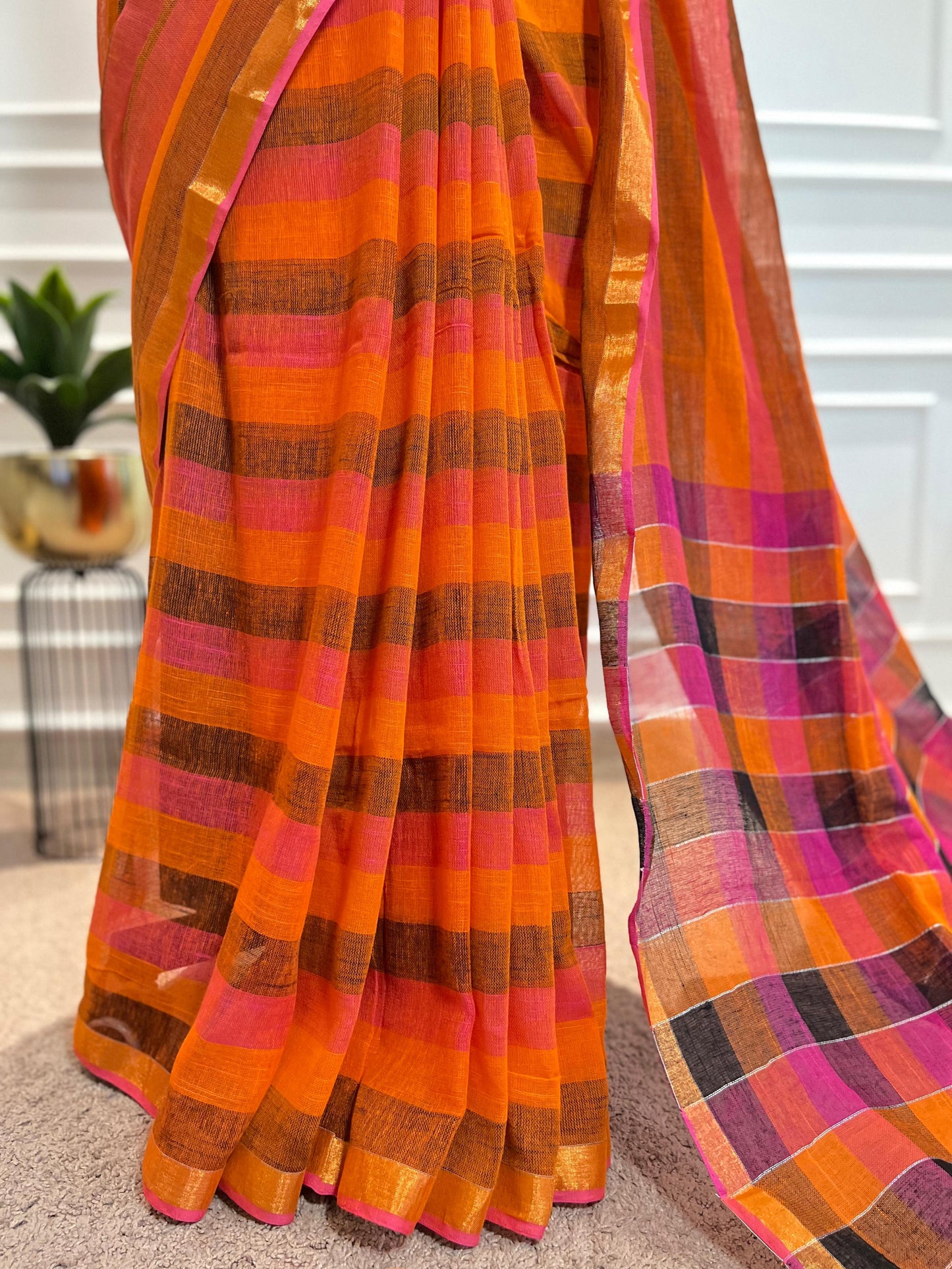 Linen Saree | Pixie Stripes | Orange